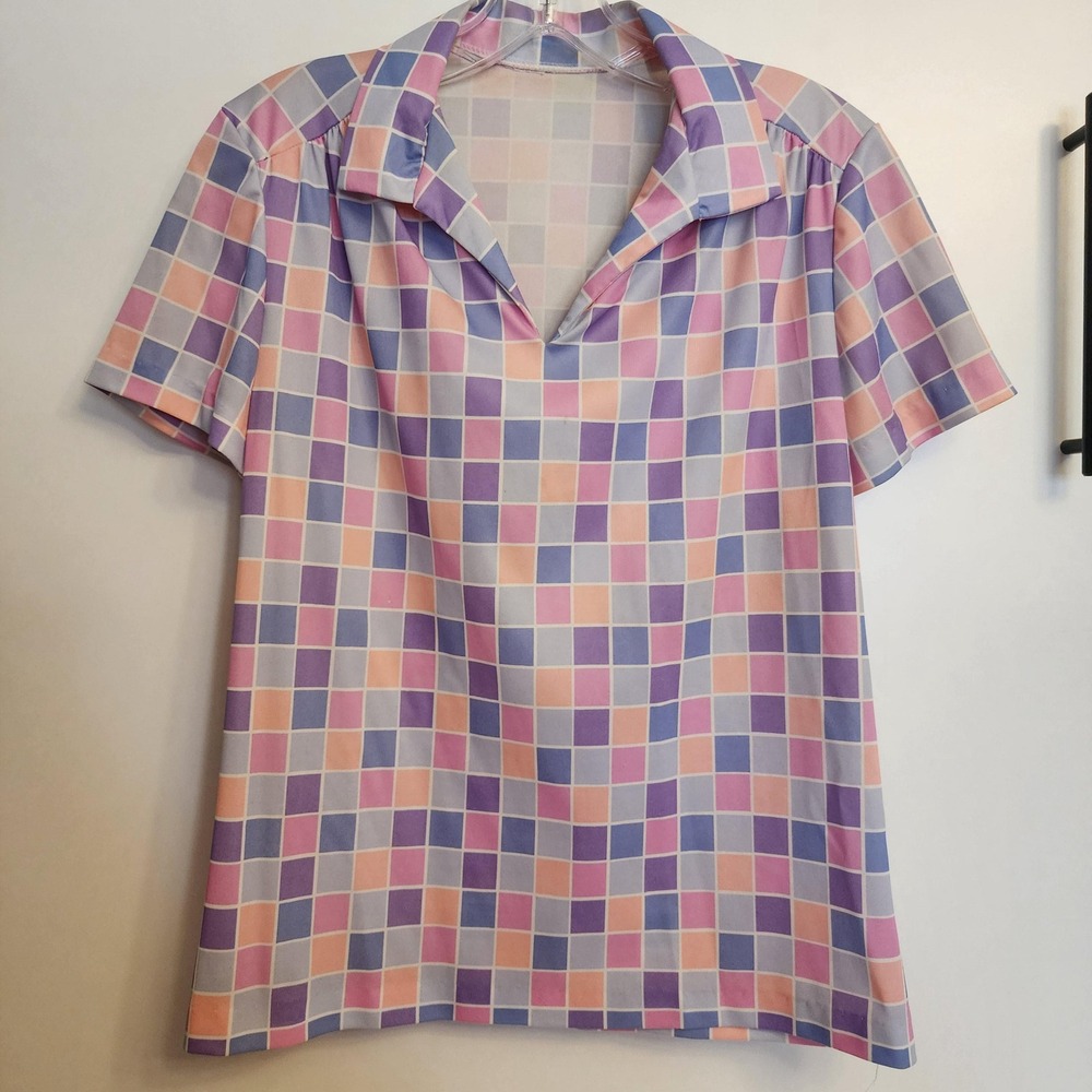 Blair Pastel Checkered Short Sleeve Collared Top Pink Purple Orange Small